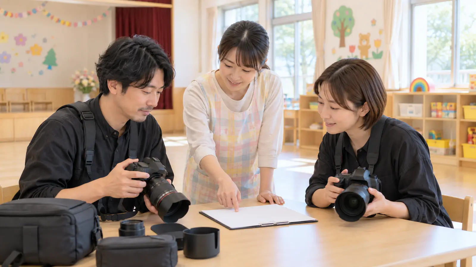 保育室で先生と撮影者が機材と当日の進行を確認する場面