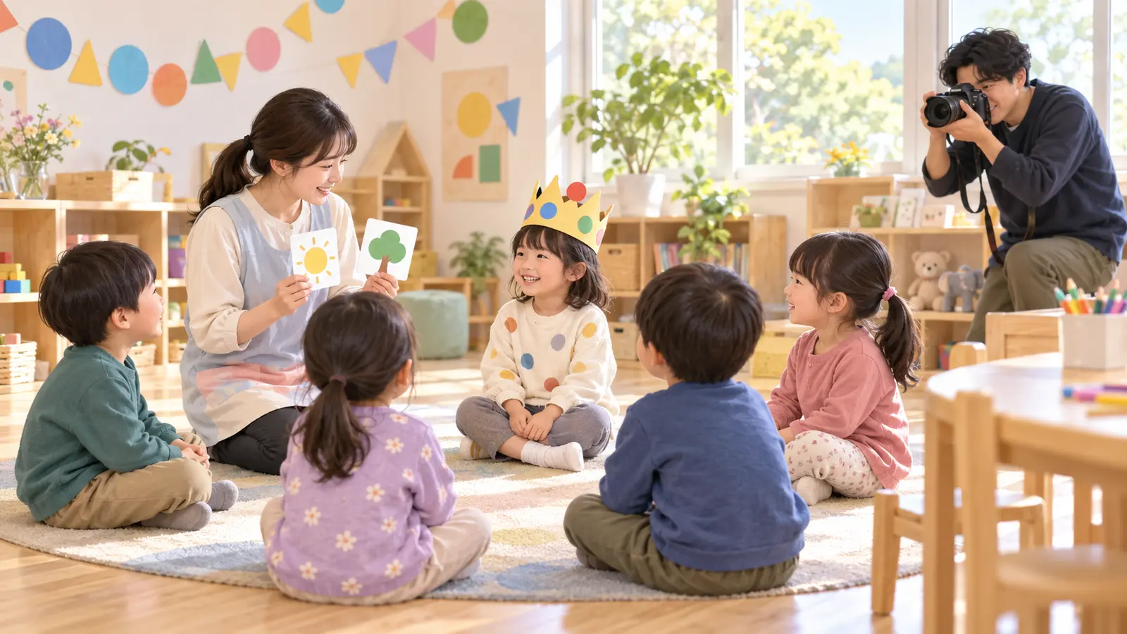 保育室で先生の話を聞きながら誕生会を楽しむ園児と、離れて撮影するカメラマンの場面