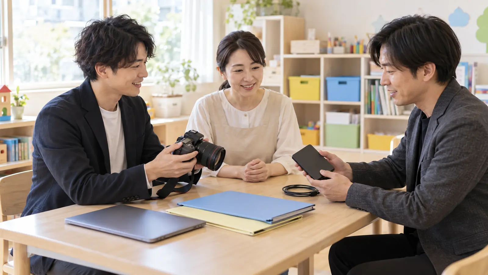 保育室で園の担当者と撮影関係者が機材や資料を確認する場面