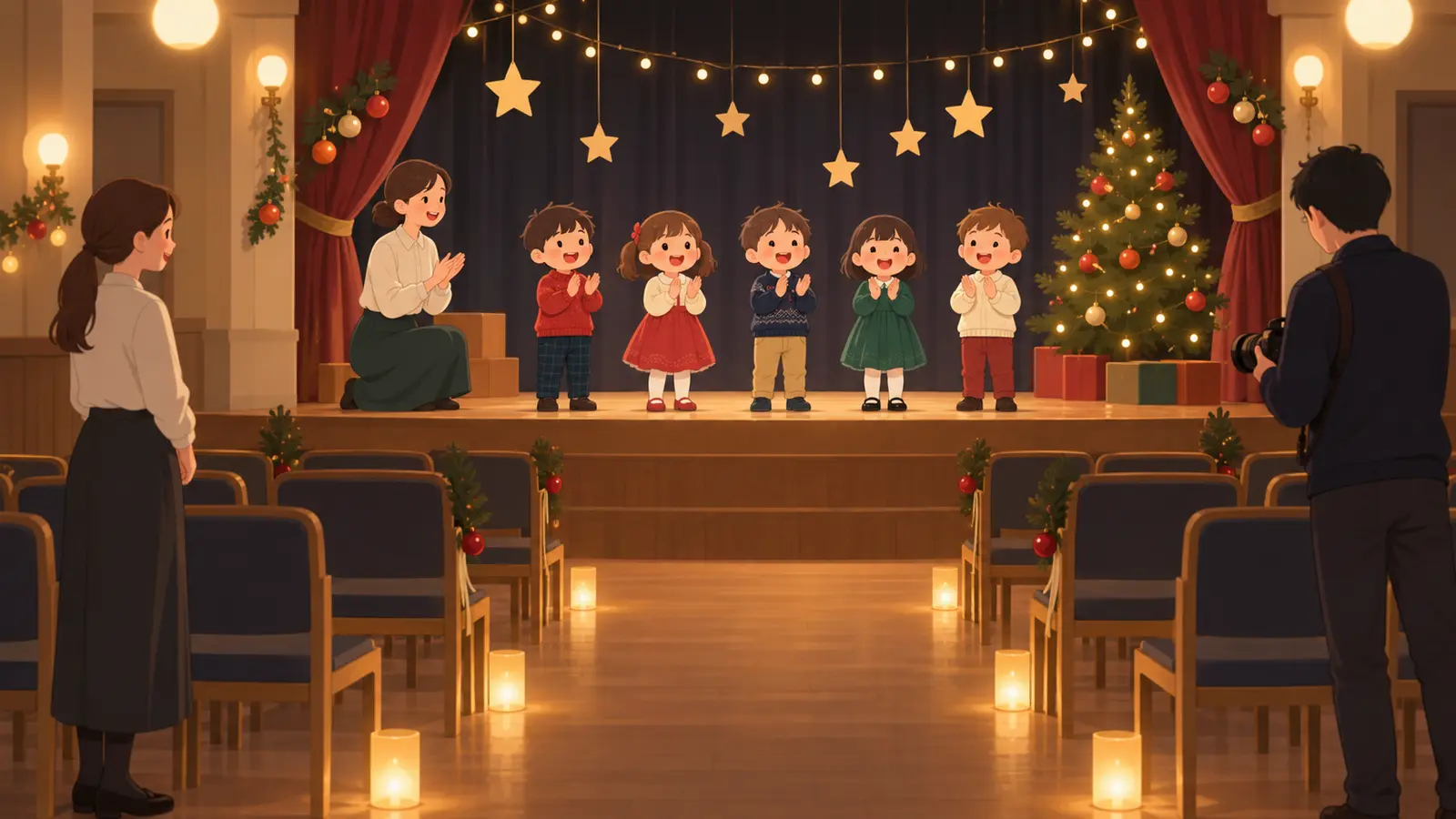 園のホールで先生が見守る中、園児がクリスマス会の発表をする場面