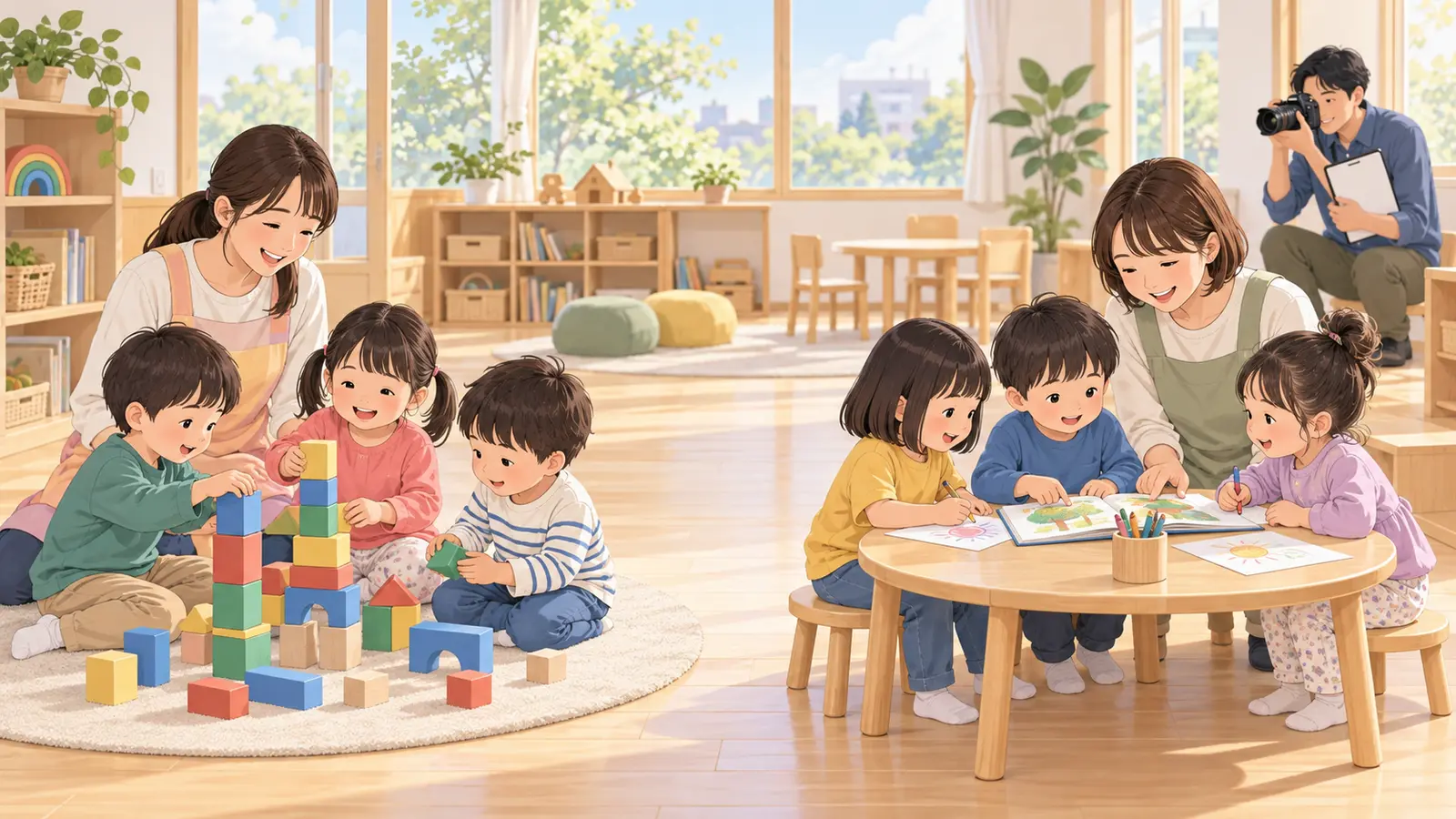 保育室で複数の園児グループを先生と撮影者が見守る場面