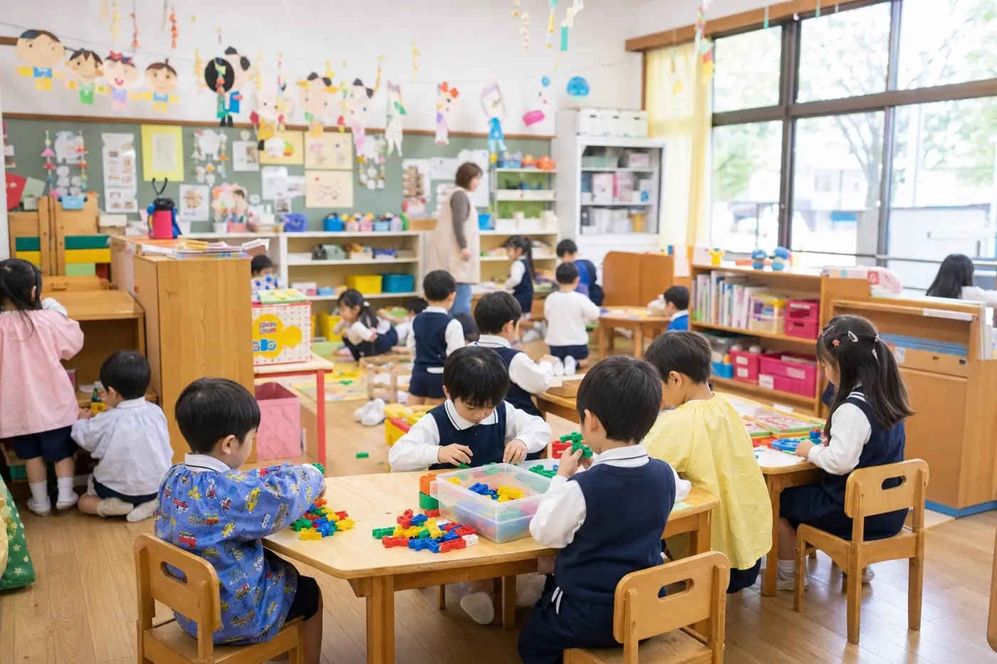 制服やスモック姿の子どもたちがカラフルな保育室で遊ぶ朝のイメージカット