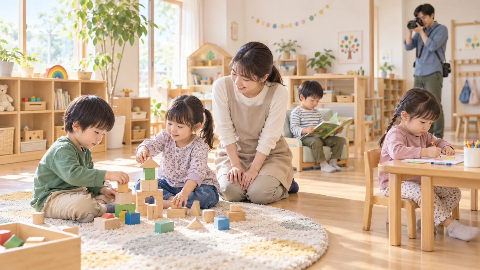 保育室で園児が遊びや読書をする様子を先生と撮影者が見守る場面