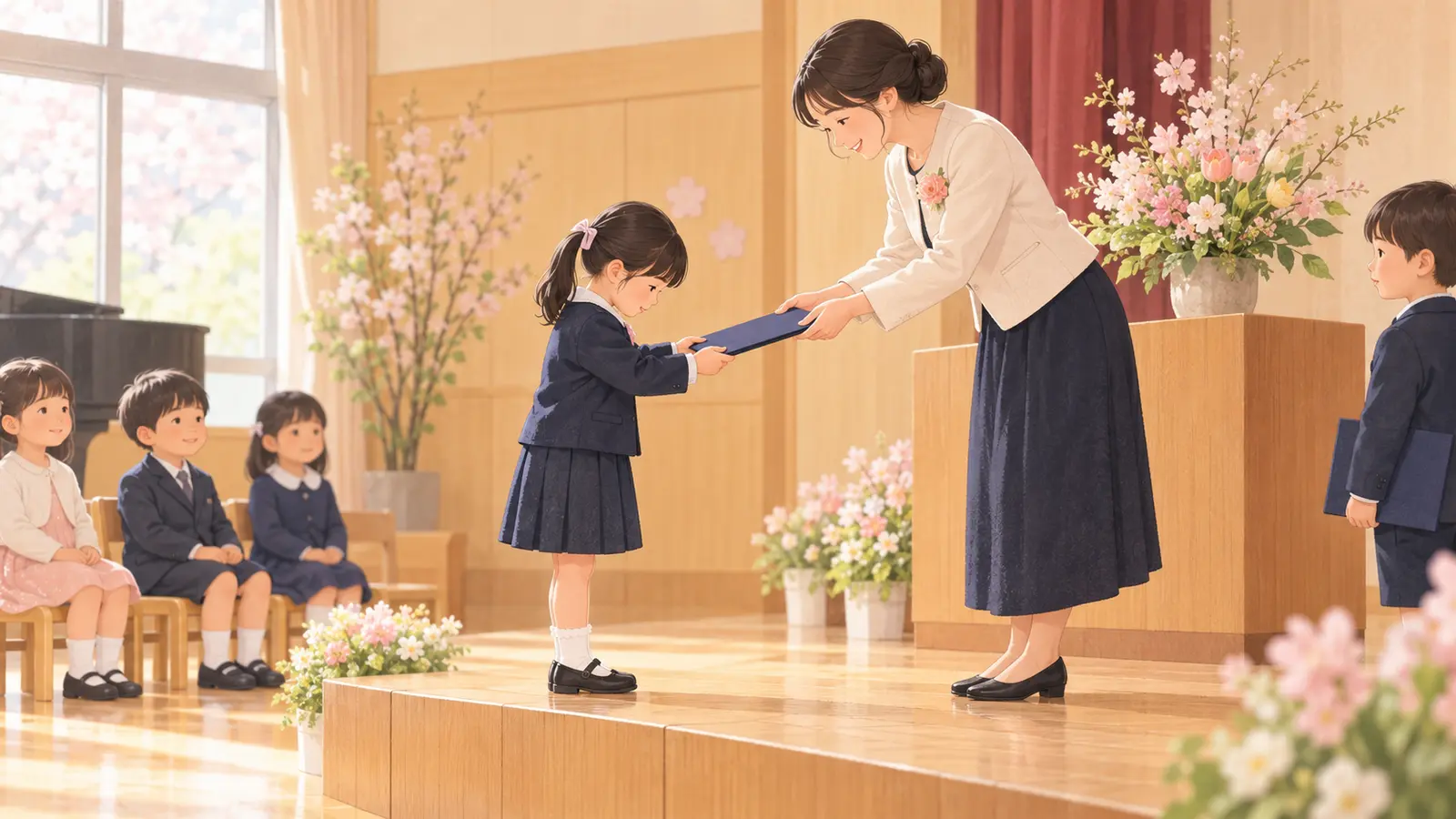 卒園式の会場で園児が先生から卒園証書を受け取る場面