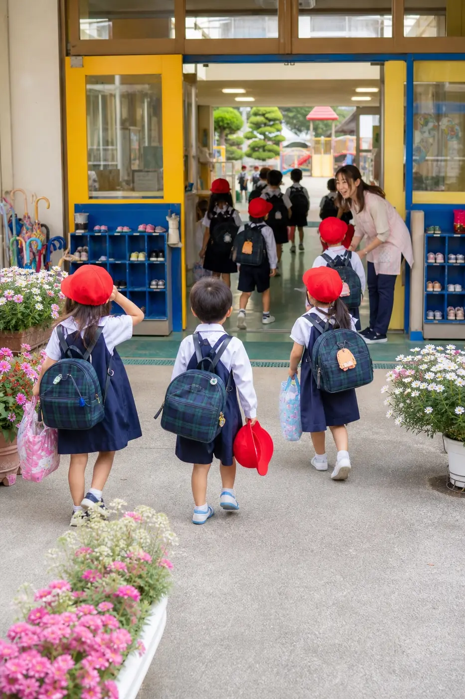 赤い帽子と制服姿の子どもたちが登園するカラフルな園の玄関のイメージカット