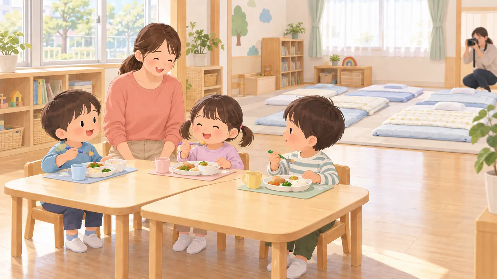 保育室で給食をとる園児と午睡の準備を見守る先生の場面