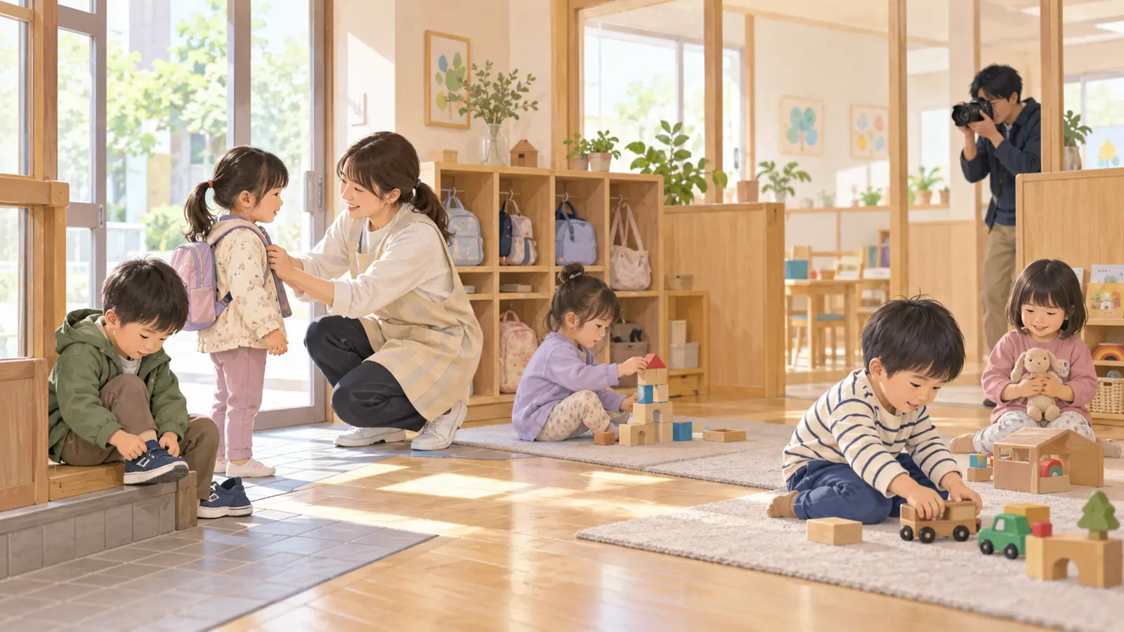 朝の保育室で園児が身支度や遊びを始め、先生と撮影者が見守る場面