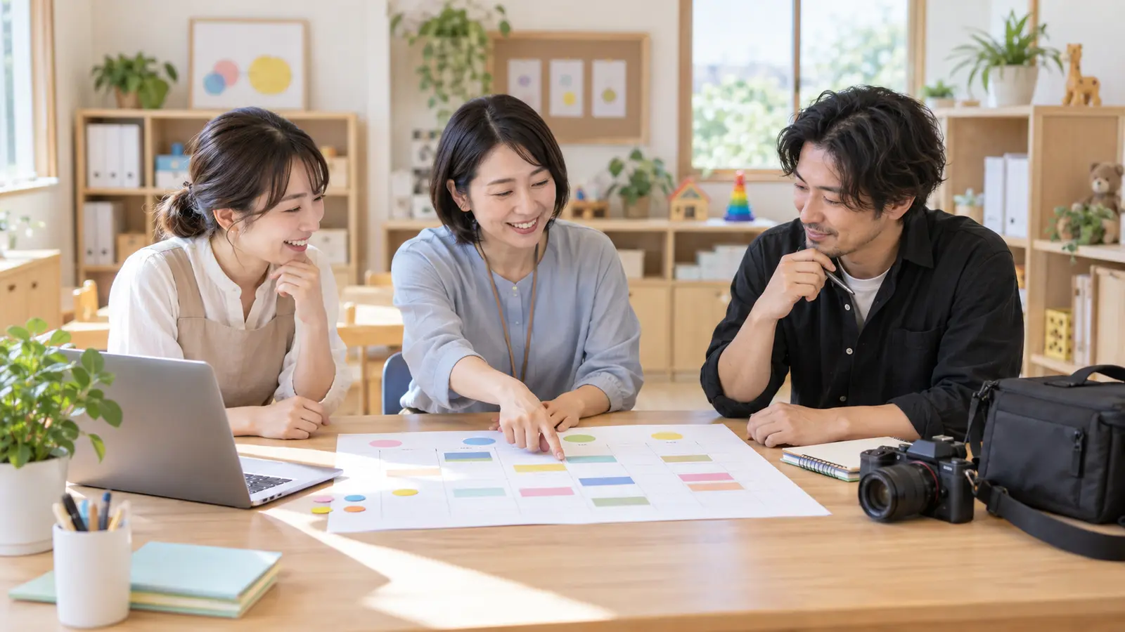 保育施設の事務室で職員と撮影者が複数拠点の予定を確認する場面