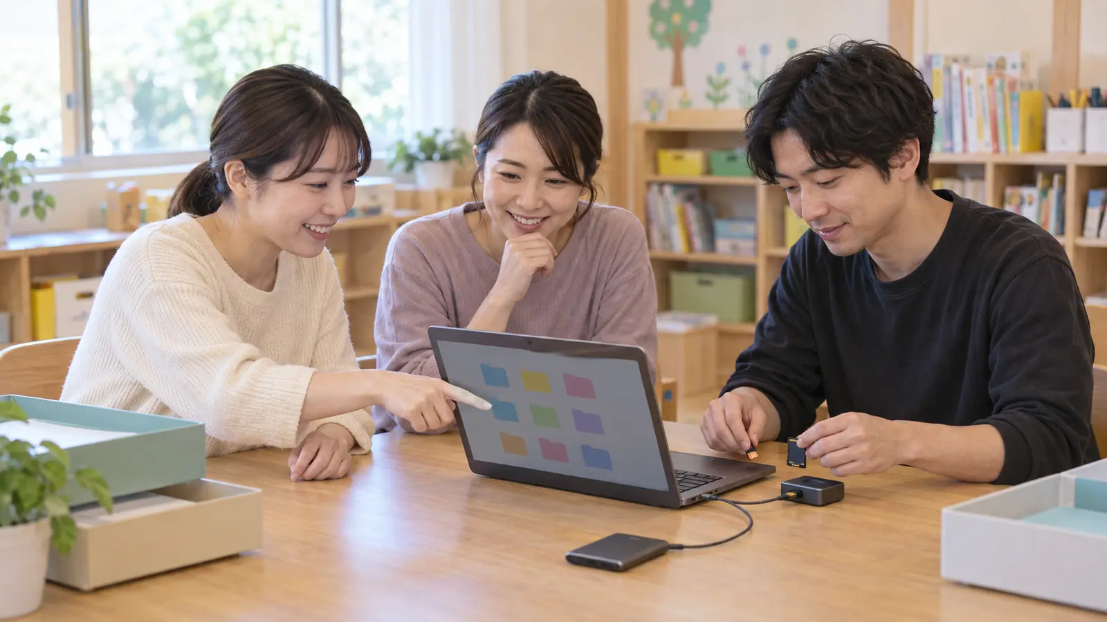 園内で先生と撮影者がパソコンを見ながら写真データを整理する場面