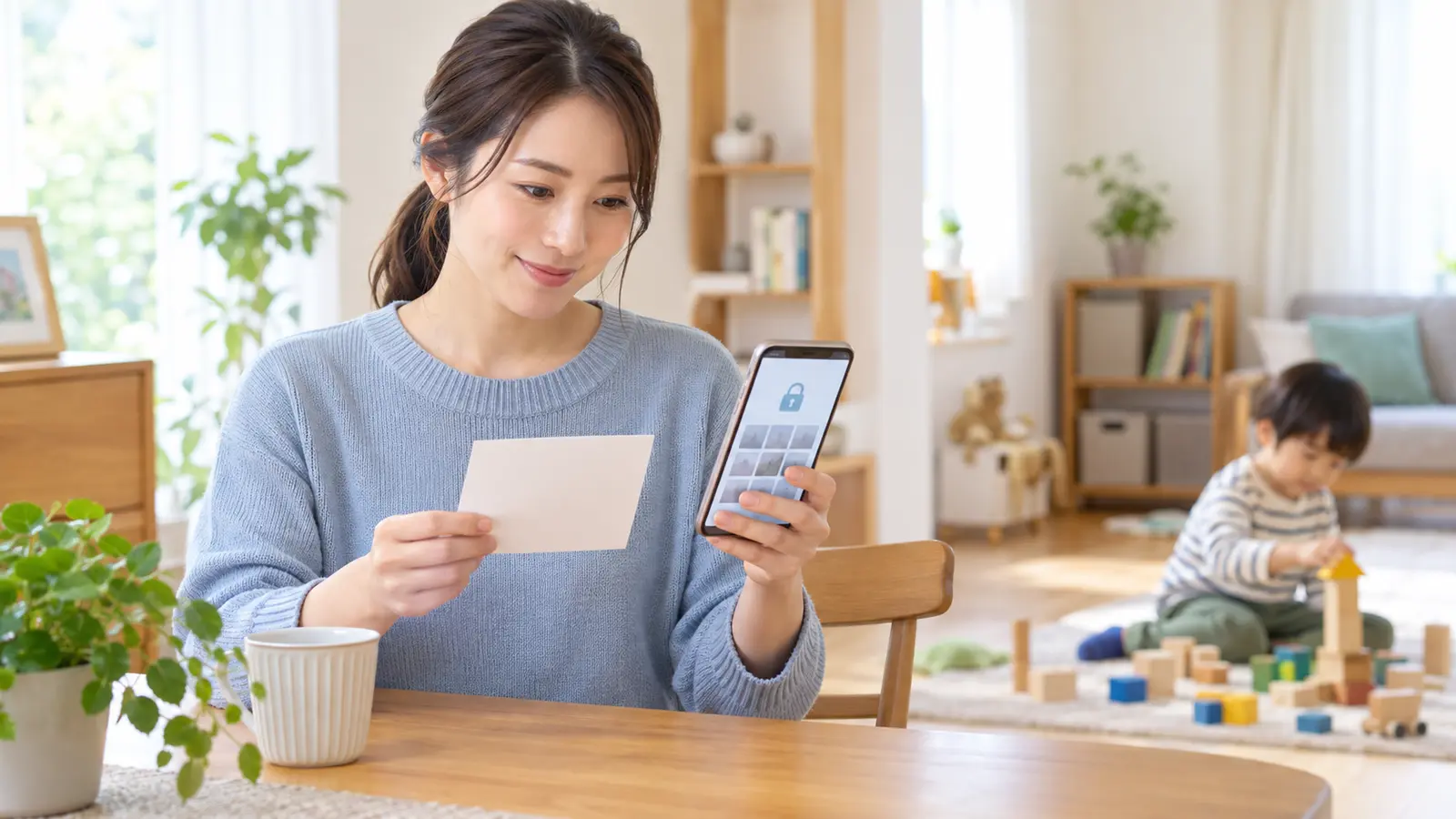 保護者が自宅でスマートフォンと写真閲覧の案内カードを確認する場面