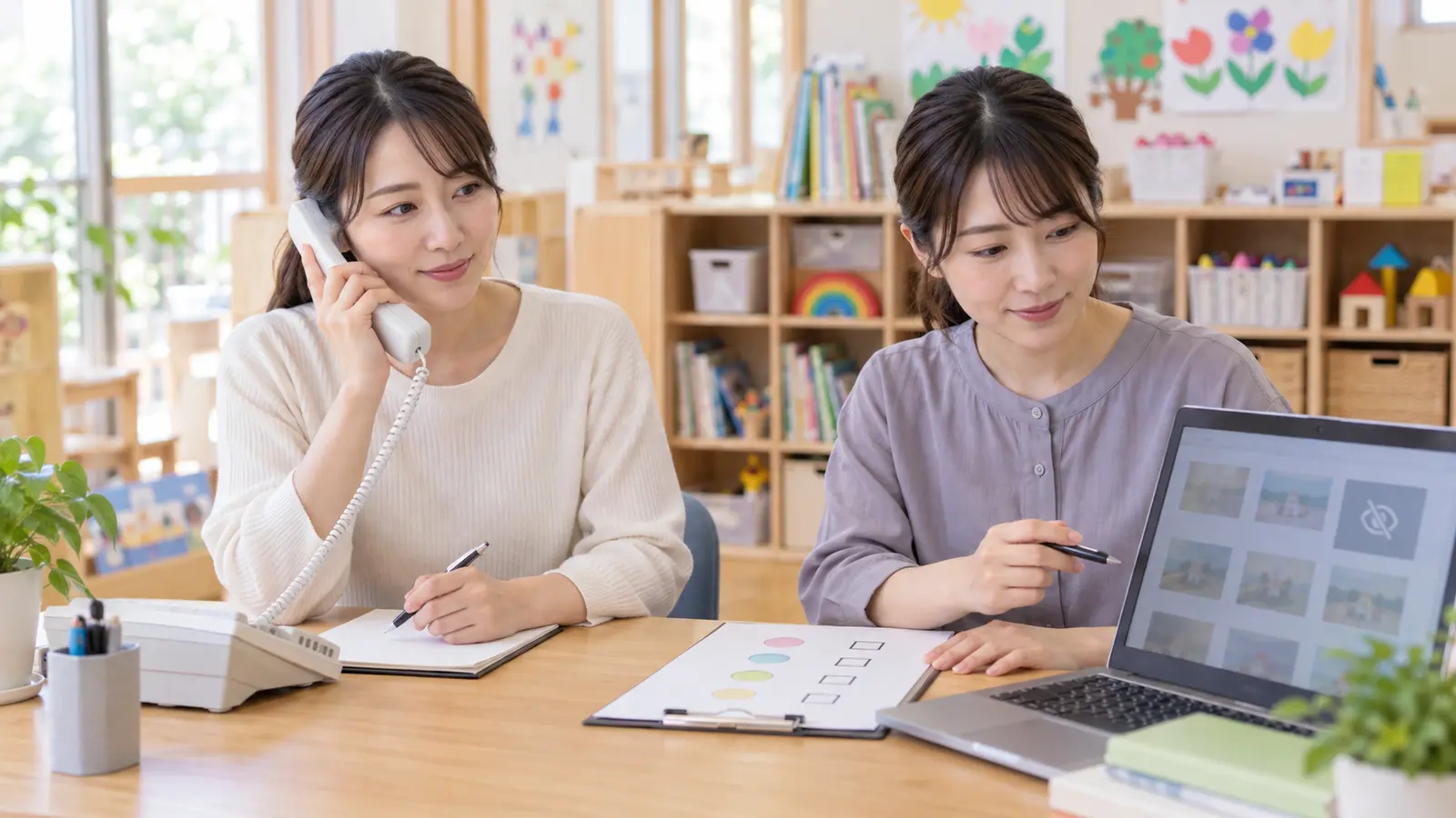 園内で職員が電話とパソコンを使って写真販売の問い合わせを確認する場面
