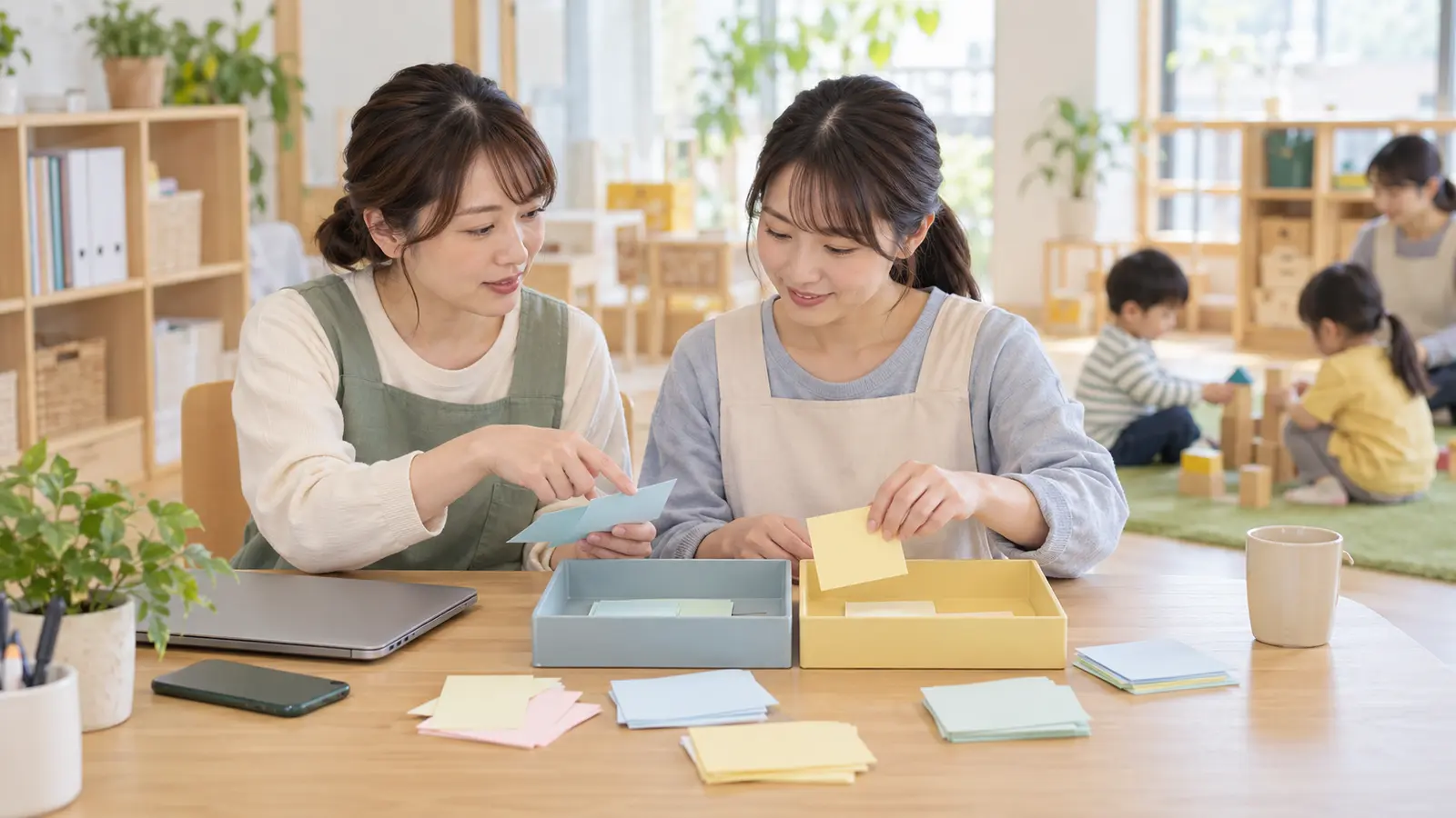 保育室で二人の先生が色分けしたカードを箱へ整理する場面