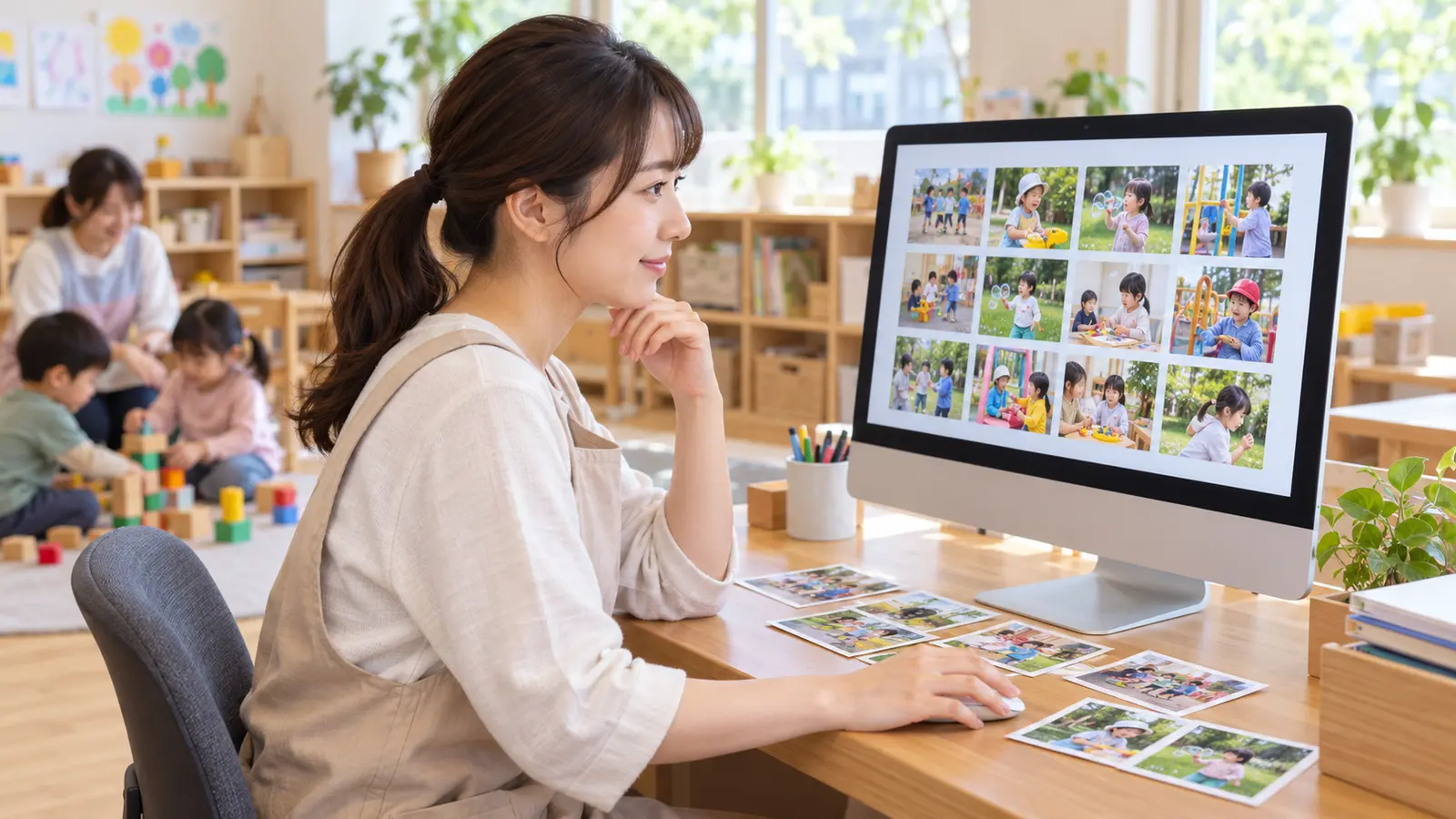 保育室で先生がパソコン画面と紙の写真を見比べる場面