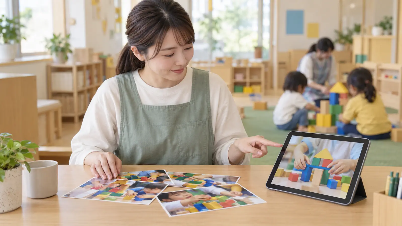 保育室で先生が紙の写真とタブレットの写真を見比べる場面
