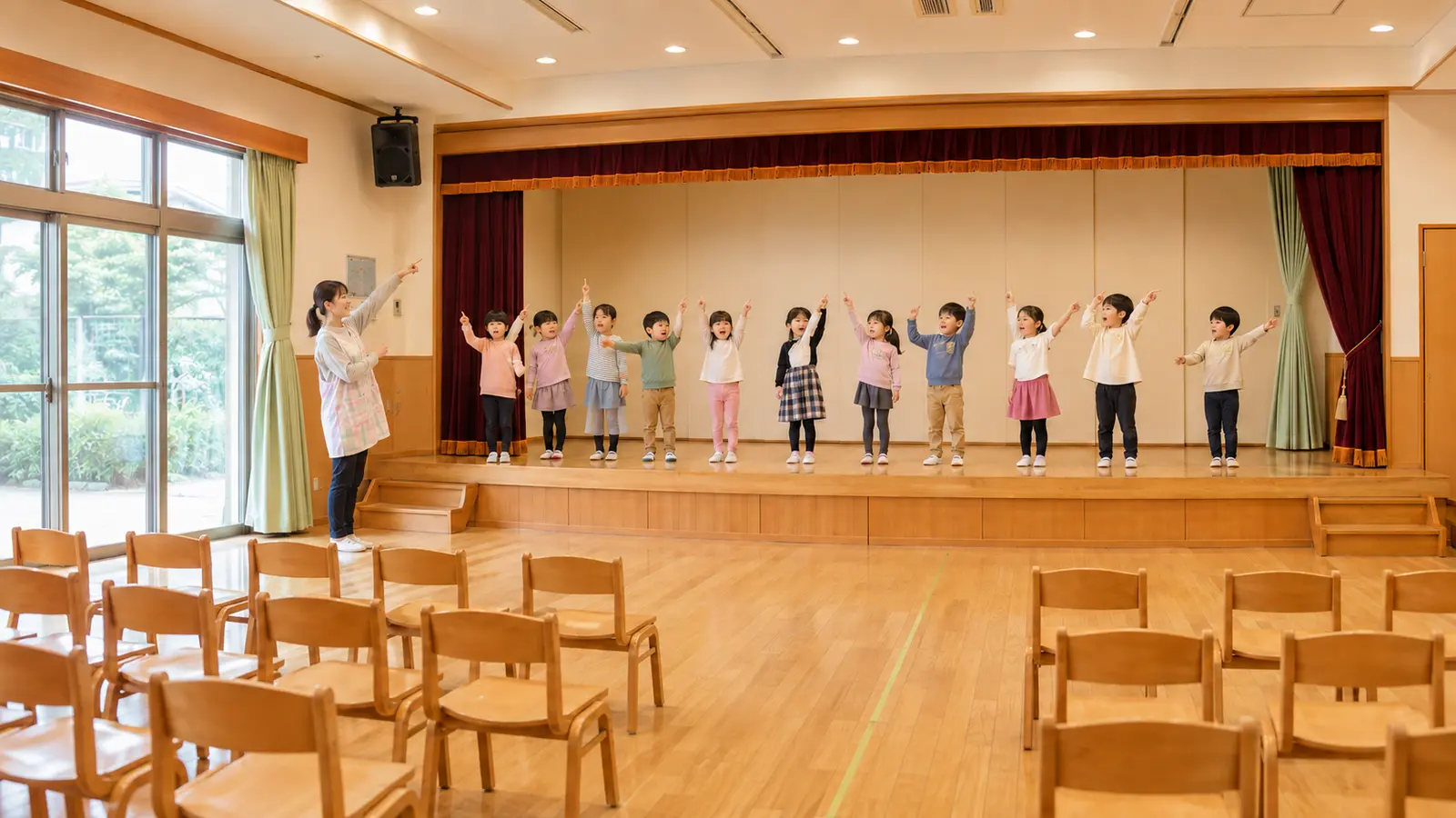 園の発表会の舞台で園児が歌を披露し、先生が見守る場面