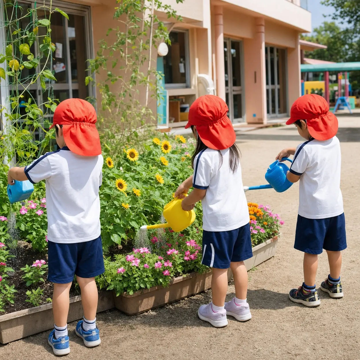 赤い帽子と体操着の子どもたちが園庭の花に水やりをするイメージカット