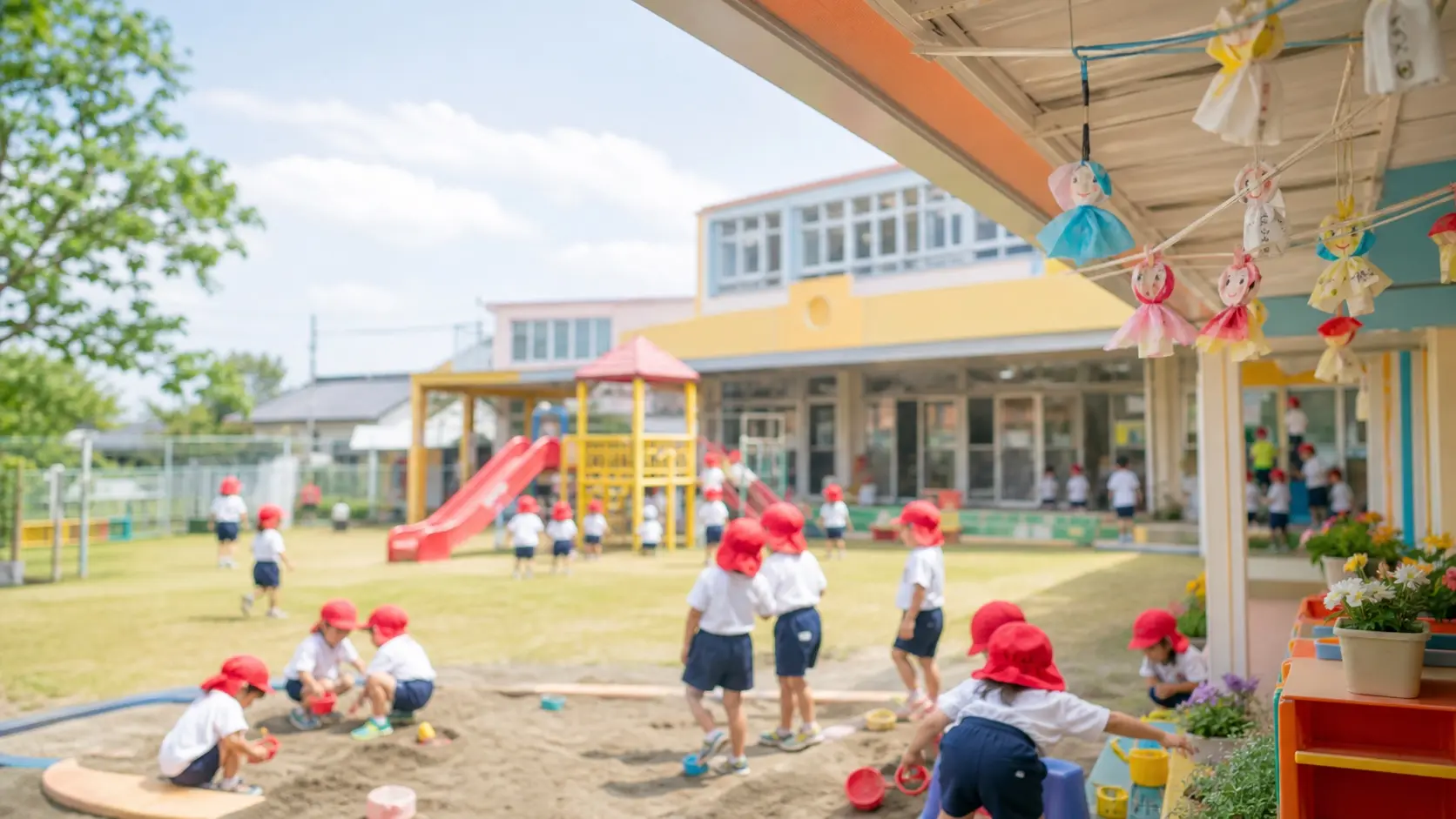 赤い帽子と体操着の子どもたちがカラフルな遊具のある園庭で遊ぶイメージカット