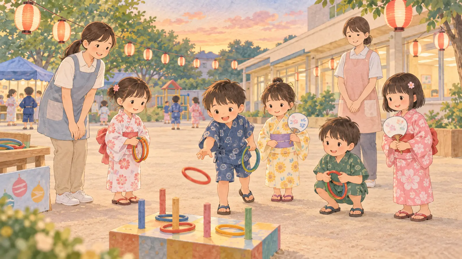 夕方の園庭で先生が見守る中、園児が夏祭りの輪投げを楽しむ場面