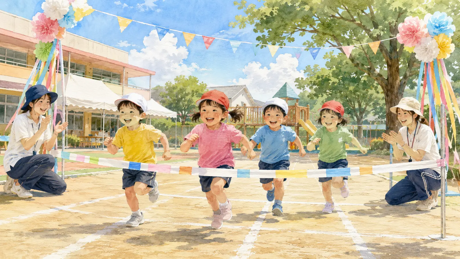 園庭の運動会でゴールへ向かって走る園児と見守る先生のイラスト