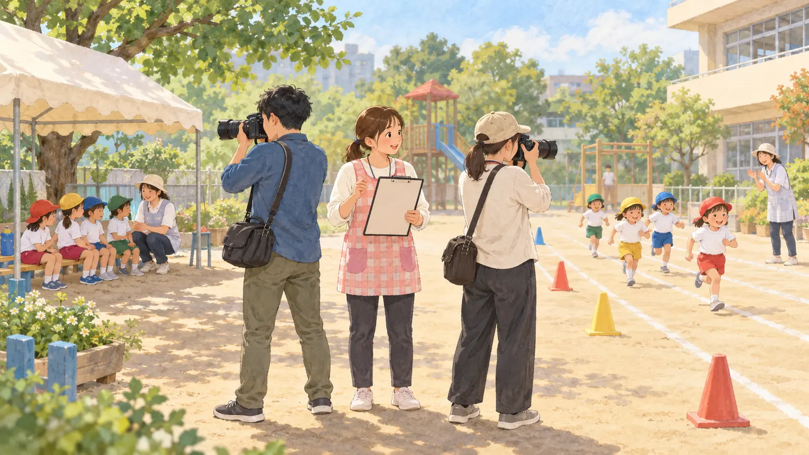 運動会の園庭を見ながら先生と二人のカメラマンが撮影位置を確認する場面