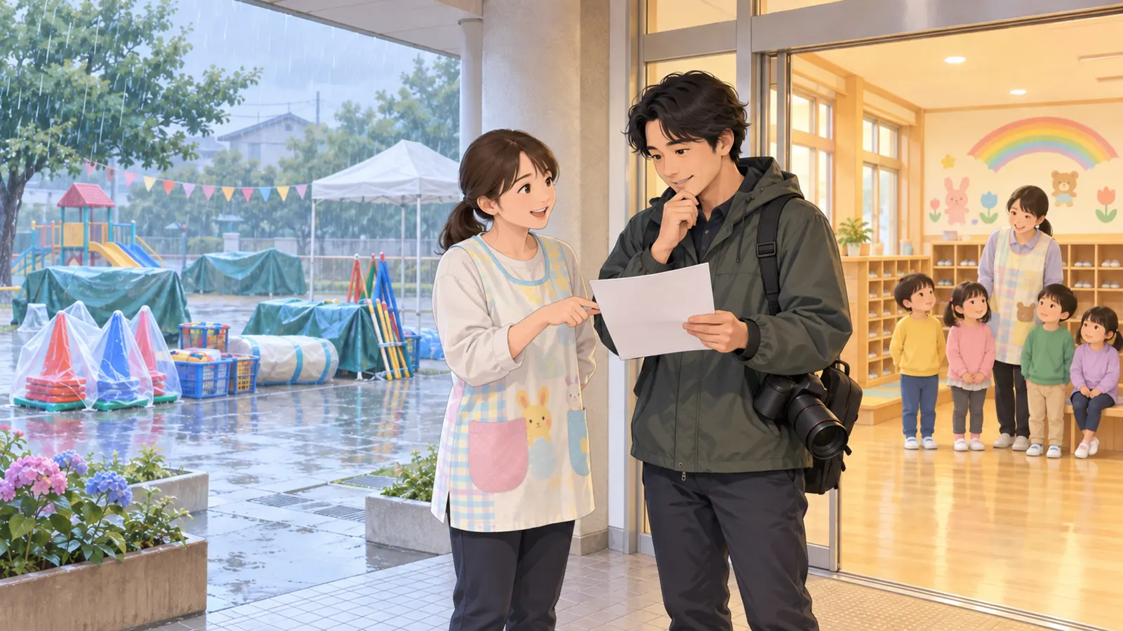 雨の園庭を背景に、屋根のある場所で先生とカメラマンが予定を確認する場面