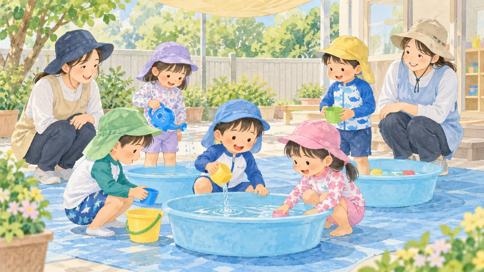 園庭で先生が見守る中、園児が浅い水遊びを楽しむ場面