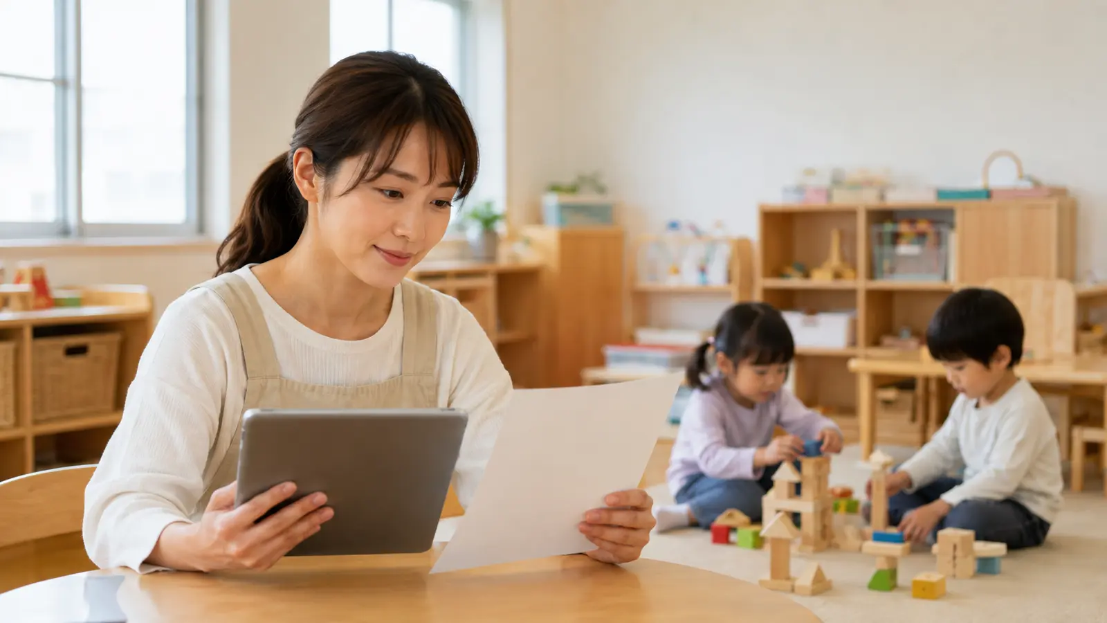 保育室で先生がタブレットと保護者向けの案内用紙を確認する場面